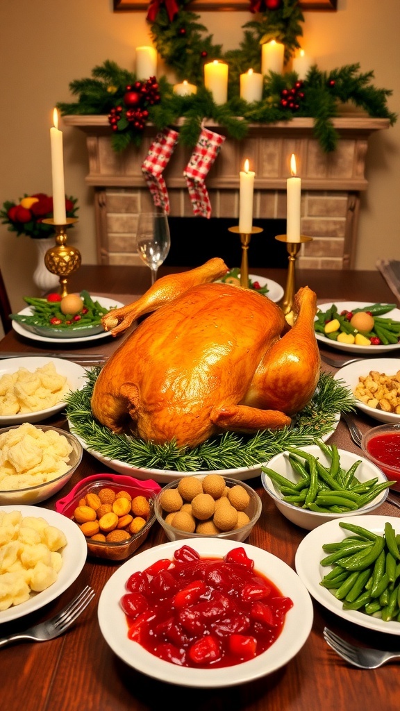 A festive Christmas dinner table with a roasted turkey, mashed potatoes, green beans, and cranberry sauce, decorated for the holiday.